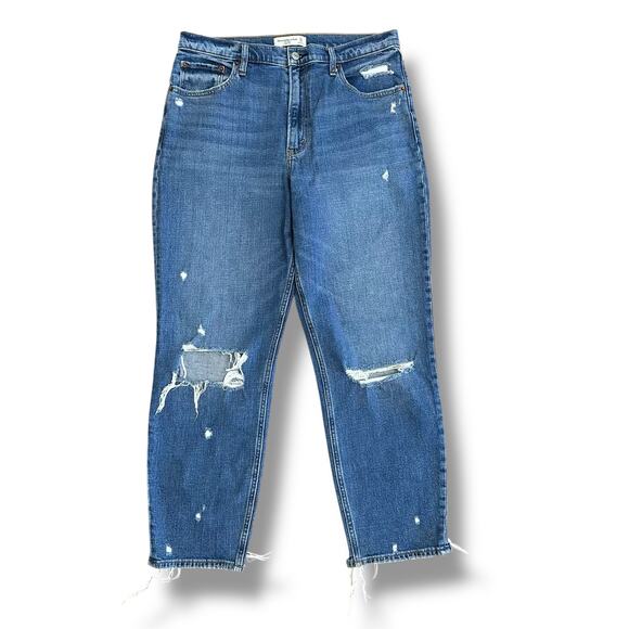 Abercrombie & Fitch High Rise Mom Jeans Women’s Size 12 / 31 Distressed Raw Hem - Picture 1 of 12
